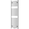 Chromowany grzejnik łazienkowy o wymiarach 1200 x 400 mm z poziomymi rurkami i dwoma zaworami u dołu. Produkt ma elegancki, nowoczesny wygląd i jest przeznaczony do montażu na ścianie.
