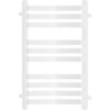 Biały grzejnik łazienkowy o prostokątnym kształcie, złożony z poziomych, równomiernie rozmieszczonych rurek. Produkt ma minimalistyczny design i jest przeznaczony do montażu na ścianie.