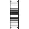 Czarny grzejnik łazienkowy o wymiarach 1200 x 400 mm z bocznym podłączeniem, składający się z poziomych, równomiernie rozmieszczonych rurek. Produkt ma nowoczesny design i jest przeznaczony do montażu na ścianie.
