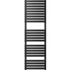 Czarny grzejnik łazienkowy o wymiarach 1600 x 500 mm z poziomymi, równomiernie rozmieszczonymi rurkami. Produkt ma nowoczesny design i jest przeznaczony do montażu na ścianie.