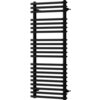 Czarny grzejnik łazienkowy o wymiarach 1080 x 500 mm z poziomymi, równoległymi rurkami. Produkt ma nowoczesny design i jest przeznaczony do montażu na ścianie.