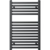 Grzejnik łazienkowy w kolorze antracytowym o wymiarach 800 x 500 mm, zbudowany z poziomych, równoległych rur, z dwoma pionowymi elementami po bokach. Na grzejniku znajdują się dwa okrągłe elementy montażowe.