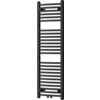 Czarny grzejnik łazienkowy o prostokątnym kształcie, zbudowany z poziomych, równomiernie rozmieszczonych rurek. Produkt ma wymiary 1200 x 400 mm i moc 442 W.