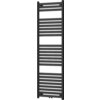 Czarny grzejnik łazienkowy o wymiarach 1800 x 600 mm z poziomymi, równomiernie rozmieszczonymi rurkami. Produkt ma moc 934 W i model W105-1800-600-00-70.
