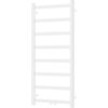 Biały grzejnik łazienkowy o prostokątnym kształcie, zbudowany z dwóch pionowych rur połączonych ośmioma poziomymi szczeblami. Produkt ma minimalistyczny design i jest przeznaczony do montażu na ścianie.