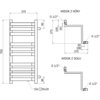 Schemat techniczny przedstawia grzejnik łazienkowy o wymiarach 750 x 375 mm z oznaczeniami przyłączy G 1/2". Widoczne są szczegółowe wymiary elementów, takie jak 10x 35x20 oraz opisy "WIDOK Z GÓRY" i "WIDOK Z DOŁU".