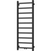 Czarny grzejnik łazienkowy o prostokątnym kształcie z pionowymi i poziomymi rurkami, tworzącymi regularny wzór. Produkt ma wymiary 1200 x 500 mm i moc 318 W.