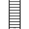Czarny grzejnik łazienkowy o prostokątnym kształcie, złożony z dwóch pionowych rur połączonych dziewięcioma poziomymi szczeblami. Produkt ma minimalistyczny design i jednolitą, matową powierzchnię.