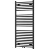 Czarny grzejnik łazienkowy o prostokątnym kształcie, zbudowany z poziomych, równomiernie rozmieszczonych rurek. Produkt ma wymiary 1200 x 600 mm i moc 620 W.
