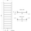 Schemat techniczny przedstawia grzejnik łazienkowy o wymiarach 1500 x 500 mm z oznaczeniami: "G 1/2”", "450", "74", "30", "225", "50", "12x 30x10" oraz widokami z góry i z dołu. Na rysunku widoczne są szczegóły montażowe i wymiary elementów konstrukcyjnych.