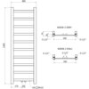 Schemat techniczny przedstawia grzejnik łazienkowy o wymiarach 1200 x 400 mm z oznaczeniami przyłączy G 1/2" oraz wymiarami montażowymi. Widoczne są widoki z góry i z dołu, a także szczegóły dotyczące odległości między elementami, takie jak 350 mm i 74 mm.