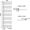 Schemat techniczny przedstawia dekoracyjny grzejnik łazienkowy o wymiarach 1400 x 500 mm, z oznaczeniami "WIDOK Z GÓRY" i "WIDOK Z DOŁU". Widoczne są wymiary oraz oznaczenia przyłączy G1/2".