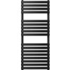 Czarny grzejnik łazienkowy o prostokątnym kształcie, zbudowany z poziomych, równoległych rur. Produkt ma nowoczesny design i jednolitą, matową powierzchnię.