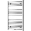 Chromowany grzejnik łazienkowy o wymiarach 900 x 600 mm z poziomymi rurkami i dwoma zaworami u dołu. Produkt ma elegancki, nowoczesny wygląd z gładkim wykończeniem.