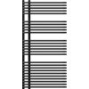 Czarny grzejnik łazienkowy o nowoczesnym designie, składający się z poziomych, równoległych rur zamontowanych na pionowych wspornikach. Produkt ma wymiary 1200 x 600 mm i moc 1083 W.