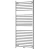 Chromowany grzejnik łazienkowy o wymiarach 1200 x 600 mm z poziomymi rurkami i prostokątnymi pionowymi ramami. Produkt ma moc 487 W i model oznaczony jako W110-1200-600-00-01.