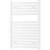 Biały grzejnik łazienkowy o prostokątnym kształcie, zbudowany z poziomych, równoległych rurek. Produkt ma wymiary 800 x 600 mm i moc 448 W.