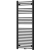 Czarny grzejnik łazienkowy o prostokątnym kształcie, zbudowany z poziomych, równomiernie rozmieszczonych rurek. Produkt ma wymiary 1450 x 600 mm i moc 835 W.
