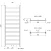 Schemat techniczny przedstawia grzejnik łazienkowy o wymiarach 1200 x 500 mm z oznaczeniami wymiarów i przyłączy. Widoczne są napisy: "WIDOK Z GÓRY", "WIDOK Z DOŁU", "G 1/2”", "450", "225", "50", "10x 30x10", "74", "30".