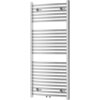 Chromowany grzejnik łazienkowy o wymiarach 1200 x 600 mm z poziomymi rurkami i dwoma zaworami u dołu. Produkt ma elegancki, nowoczesny wygląd z gładkim wykończeniem.