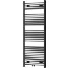 Czarny grzejnik łazienkowy o wymiarach 1500 x 600 mm z poziomymi, równomiernie rozmieszczonymi rurkami. Produkt ma nowoczesny design i jest przeznaczony do montażu na ścianie.