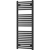 Czarny grzejnik łazienkowy o wymiarach 1200 x 500 mm z poziomymi, równomiernie rozmieszczonymi rurkami. Produkt ma moc 567 W i model W103-1200-500-00-70.
