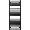 Czarny grzejnik łazienkowy o wymiarach 1200 x 500 mm z poziomymi, równomiernie rozmieszczonymi rurkami. Produkt ma prosty, nowoczesny design i jest przeznaczony do montażu na ścianie.