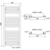 Schemat techniczny przedstawia grzejnik łazienkowy o wymiarach 1200 x 500 mm z oznaczeniami: "WIDOK Z GÓRY", "WIDOK Z DOŁU", "G1/2"", oraz wymiarami 450 mm i 90 mm. Dodatkowo widoczne są oznaczenia 22x ☐30x15 oraz inne szczegóły techniczne.