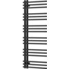 Czarny, dekoracyjny grzejnik łazienkowy o wymiarach 1200 x 500 mm z poziomymi rurkami. Produkt ma nowoczesny design i jest przeznaczony do montażu na ścianie.