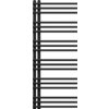 Czarny, dekoracyjny grzejnik łazienkowy o wymiarach 1200 x 500 mm, składający się z poziomych, równoległych rur połączonych z pionowymi elementami. Produkt ma nowoczesny design i jest przeznaczony do montażu na ścianie.