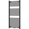 Czarny grzejnik łazienkowy o wymiarach 1200 x 600 mm z poziomymi, równomiernie rozmieszczonymi rurkami. Produkt ma prostokątny kształt i jest przeznaczony do montażu na ścianie.