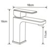 Czarno-biały schemat techniczny przedstawia baterię wannową z wymiarami: wysokość 16 cm, długość wylewki 16 cm, wysokość wylewki 11 cm. Produkt to "Mexen Cetus DQ45 zestaw wannowy, czarny - 744303DQ45-70".