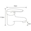 Schematyczny rysunek baterii wannowej z wymiarami: długość 14 cm, wysokość 11,5 cm, wysokość wylewki 6 cm. Produkt to "Mexen Erica DF05 zestaw wannowy, chrom - 746403DF05-00".