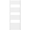 Biały grzejnik łazienkowy o prostokątnym kształcie, składający się z poziomych, równomiernie rozmieszczonych rurek. Produkt ma minimalistyczny design i jednolitą, gładką powierzchnię.