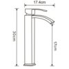 Schematyczny rysunek baterii wannowej z wymiarami: wysokość całkowita 30 cm, długość wylewki 17,4 cm, wysokość wylewki 17 cm. Produkt to "Mexen Libra R77 zestaw wannowy, chrom - 745113R77-00".