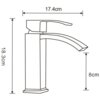Schematyczny rysunek baterii wannowej z wymiarami: wysokość 18,3 cm, długość wylewki 17,4 cm, wysokość wylewki 8 cm. Produkt to "Mexen Libra R62 zestaw wannowy, złoty - 745103R62-50".