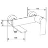 Schematyczny rysunek techniczny przedstawiający zestaw wannowy z wymiarami: 144 mm, 34 mm i 158 mm. Produkt ma prostokątny kształt z widocznym uchwytem i miejscem na przyłącze wody.