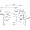 Schemat techniczny przedstawia zestaw wannowy z wymiarami: 150 mm, 63,5 mm, 71,2 mm, 168,3 mm, 185 mm, 113,5 mm, 36,5 mm i 14 mm. Produkt to "Mexen Uno R62 zestaw wannowy, złoty - 71403R62-50".