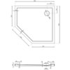 Rysunek techniczny przedstawia pięciokątny brodzik z wymiarami 900 x 800 mm, z otworem odpływowym o średnicy 90 mm. Widoczne są szczegółowe wymiary poszczególnych krawędzi oraz przekrój boczny brodzika.
