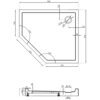 Rysunek techniczny przedstawia pięciokątny brodzik z wymiarami 90 x 80 cm, z zaznaczonymi kątami 120° oraz średnicą otworu odpływowego 90 mm. Widoczne są szczegółowe wymiary poszczególnych elementów, takie jak 350 mm, 636 mm, 450 mm, oraz wysokość 50 mm.