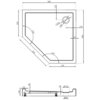 Rysunek techniczny przedstawia pięciokątny brodzik o wymiarach 90 x 90 cm z oznaczeniami kątów 120° i średnicą odpływu 90 mm. Widoczne są szczegółowe wymiary, takie jak 450 mm, 636 mm, oraz wysokość 120 mm.