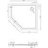 Rysunek techniczny przedstawia pięciokątny brodzik o wymiarach 1000 x 900 mm z otworem odpływowym o średnicy 90 mm, umieszczonym w jednym z rogów. Widoczne są szczegółowe wymiary poszczególnych krawędzi oraz przekrój boczny brodzika z oznaczeniami wysokości i średnicy odpływu.