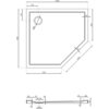 Rysunek techniczny przedstawia pięciokątny brodzik o wymiarach 1000 x 900 mm z otworem odpływowym o średnicy 90 mm, umieszczonym w jednym z rogów. Widoczne są szczegółowe wymiary poszczególnych krawędzi oraz przekrój boczny brodzika z oznaczeniami wysokości i średnic.