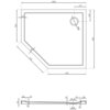 Rysunek techniczny przedstawia pięciokątny brodzik o wymiarach 1000 x 800 mm z otworem odpływowym o średnicy 90 mm, umieszczonym w jednym z rogów. Na rysunku widoczne są szczegółowe wymiary poszczególnych krawędzi oraz przekrój boczny brodzika z oznaczeniami wysokości i średnicy odpływu.