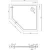 Rysunek techniczny przedstawia pięciokątny brodzik o wymiarach 90 x 90 cm z otworem odpływowym o średnicy 90 mm, z zaznaczonymi wymiarami poszczególnych krawędzi i elementów. Widoczne są szczegółowe wymiary, takie jak 450 mm, 636 mm, oraz wysokość 40 mm, a także przekrój boczny brodzika.