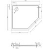Rysunek techniczny przedstawia pięciokątny brodzik o wymiarach 1000 x 800 mm z otworem odpływowym o średnicy 90 mm, z zaznaczonymi wymiarami poszczególnych krawędzi i elementów. Widoczne są także przekroje boczne z oznaczeniami wysokości i średnic, w tym Φ120 i Φ90.