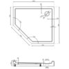 Rysunek techniczny przedstawia pięciokątny brodzik z wymiarami 1000 x 900 mm, z zaznaczonymi kątami 120° oraz średnicą odpływu 90 mm. Widoczne są szczegółowe wymiary poszczególnych elementów, takie jak odległości 170 mm, 450 mm, 636 mm, 550 mm oraz wysokości 120 mm i 50 mm.