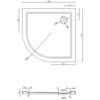 Rysunek techniczny przedstawia półokrągły brodzik o wymiarach 90 x 90 cm z oznaczeniami wymiarów i średnicą otworu odpływowego 120 mm. Widoczne są szczegółowe wymiary, takie jak promień 350 mm oraz wysokość 40 mm.