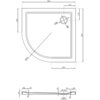 Na zdjęciu znajduje się techniczny rysunek półokrągłego brodzika o wymiarach 80 x 80 cm z oznaczeniami wymiarów i kątów, w tym promień R350, średnica odpływu Ø120 oraz inne szczegóły konstrukcyjne. Widoczne są także linie przekroju z dodatkowymi wymiarami, takimi jak wysokość 40 mm i średnica Ø90.