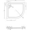 Rysunek techniczny przedstawia półokrągły brodzik o wymiarach 1000 x 800 mm z oznaczeniami wymiarów i średnic, w tym średnicę odpływu 90 mm i promień 550 mm. Widoczne są szczegóły konstrukcyjne, takie jak grubość ścianek i rozmieszczenie odpływu.